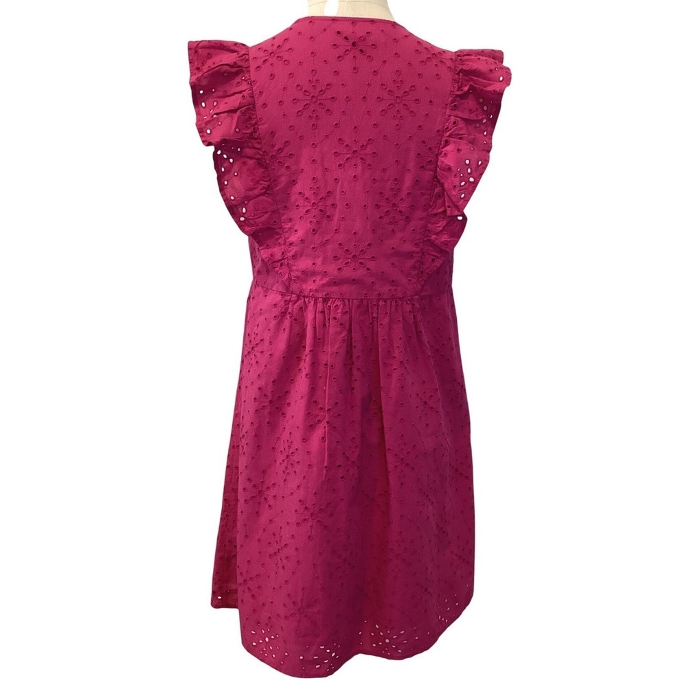 LOFT Raspberry Pink Eyelet Button Front Puff Sleeve Babydoll Mini Dress - XS/P - Picture 6 of 9
